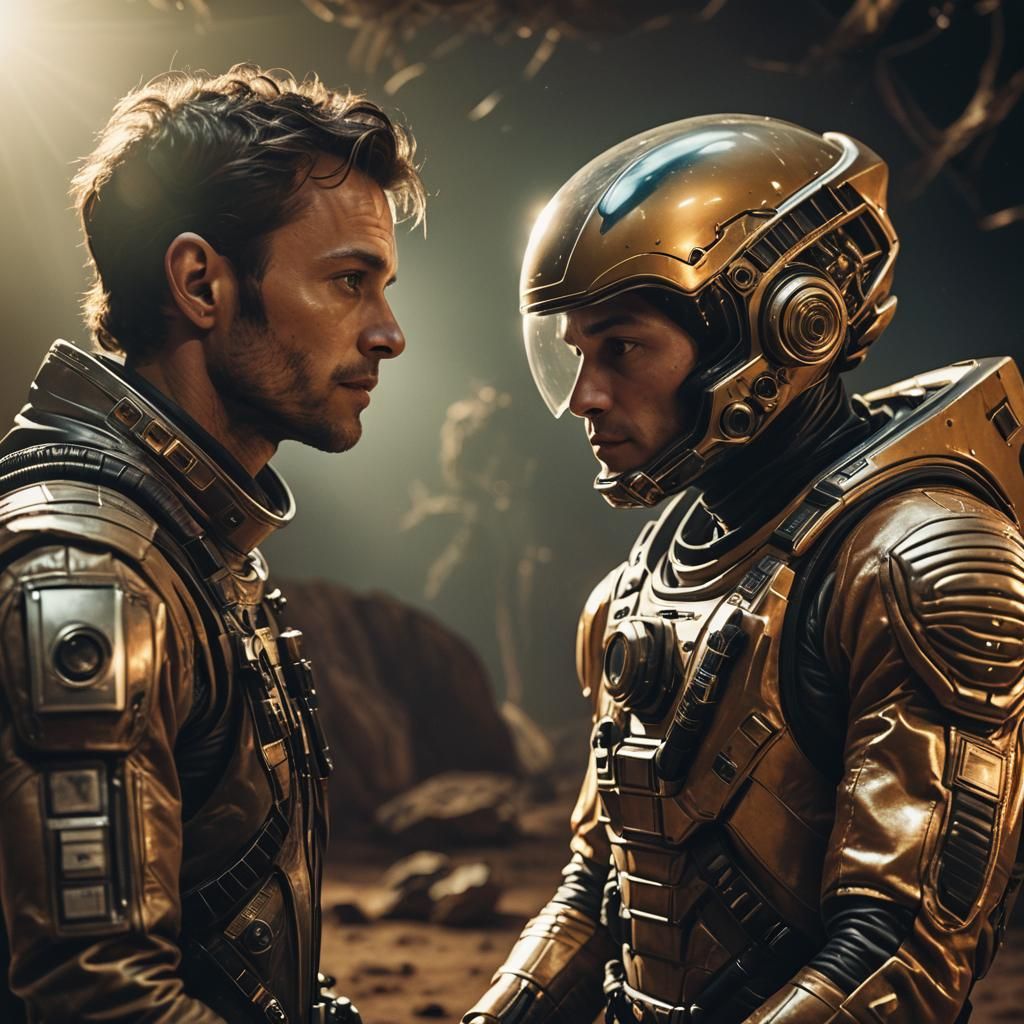 Astronaut and Alien Stare in Cinematic Sci-Fi Scene