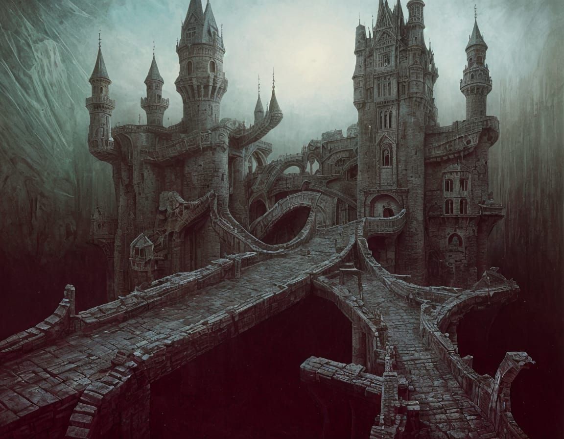 Surreal Castle with Drawbridges, Dreamlike Landscape