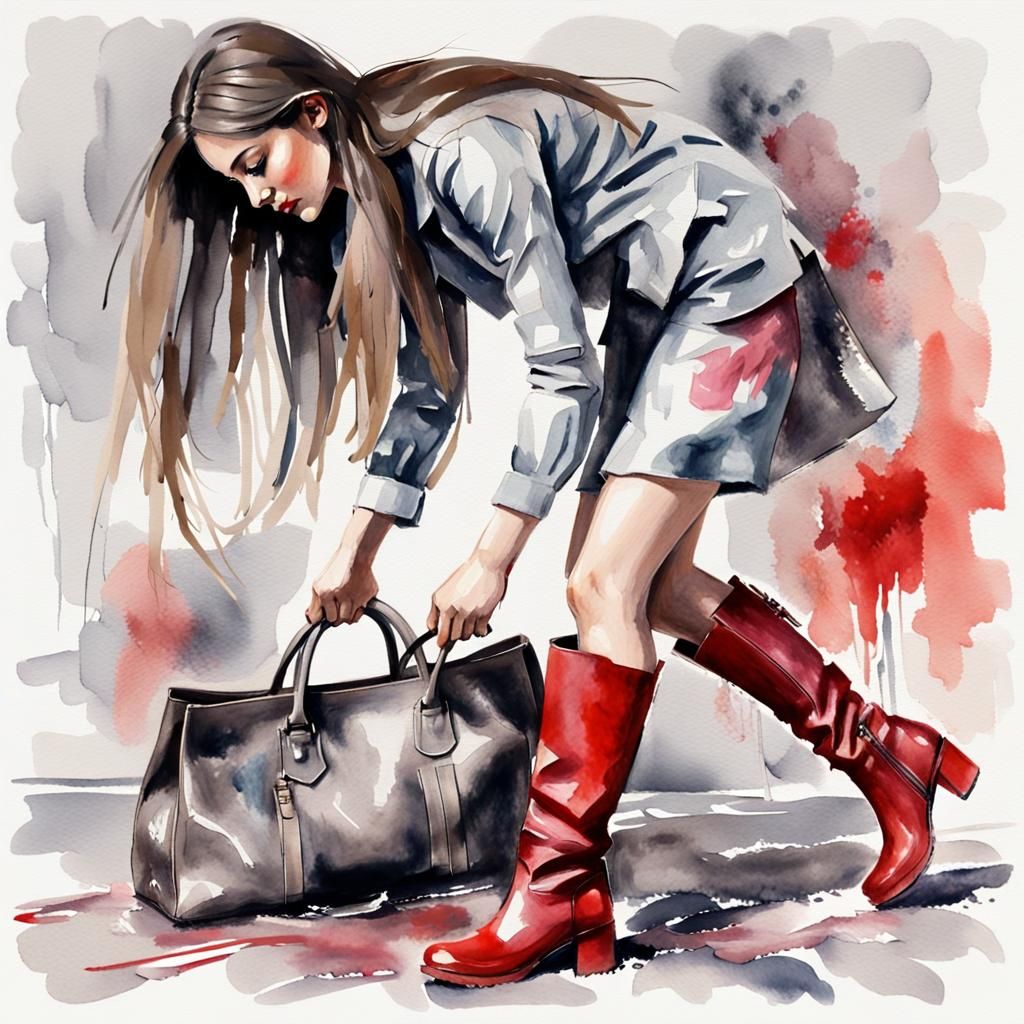 Woman in Boots Picking Up Bag as Impasto Watercolor