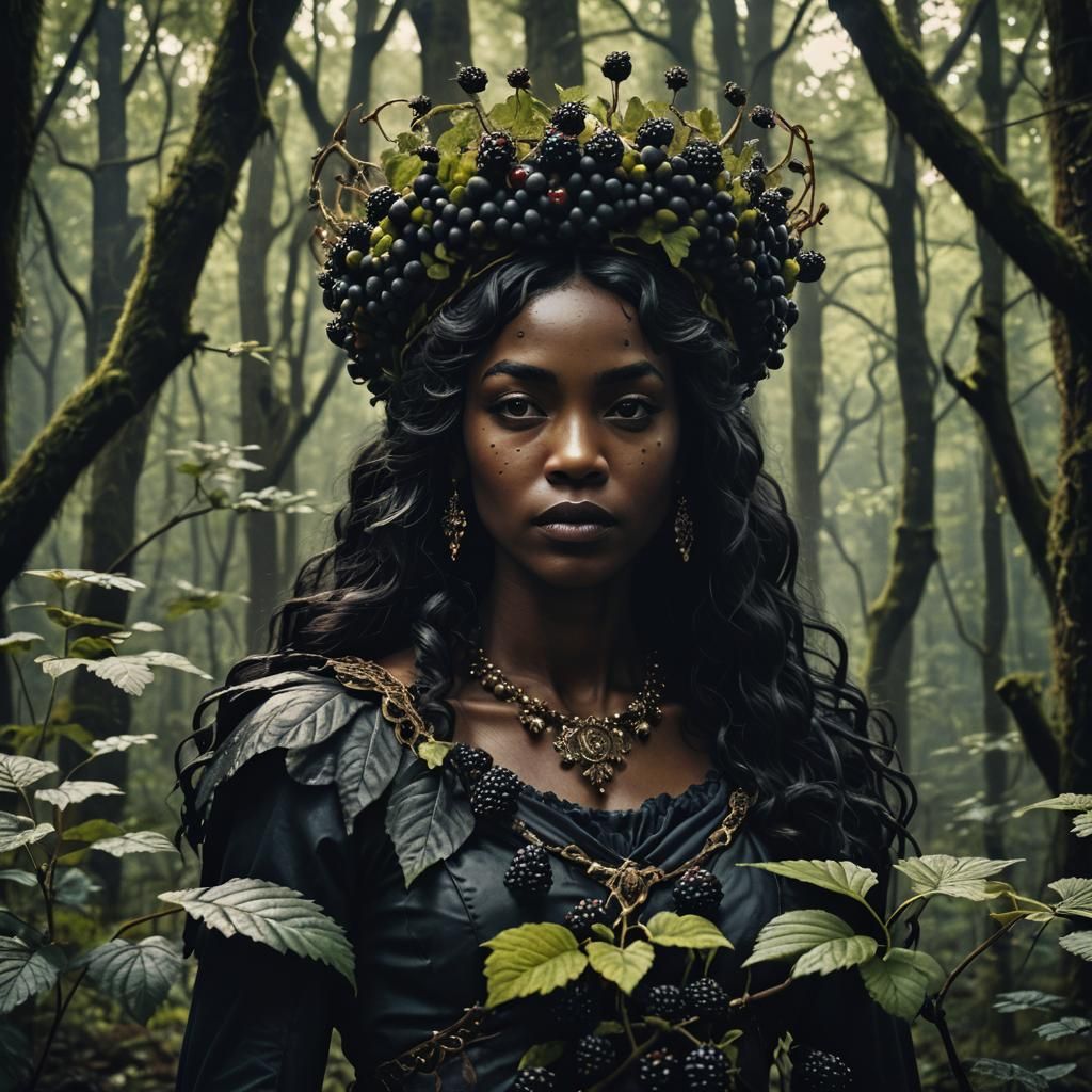 Blackberry Goddess in Dark Forest: Cinematic Still