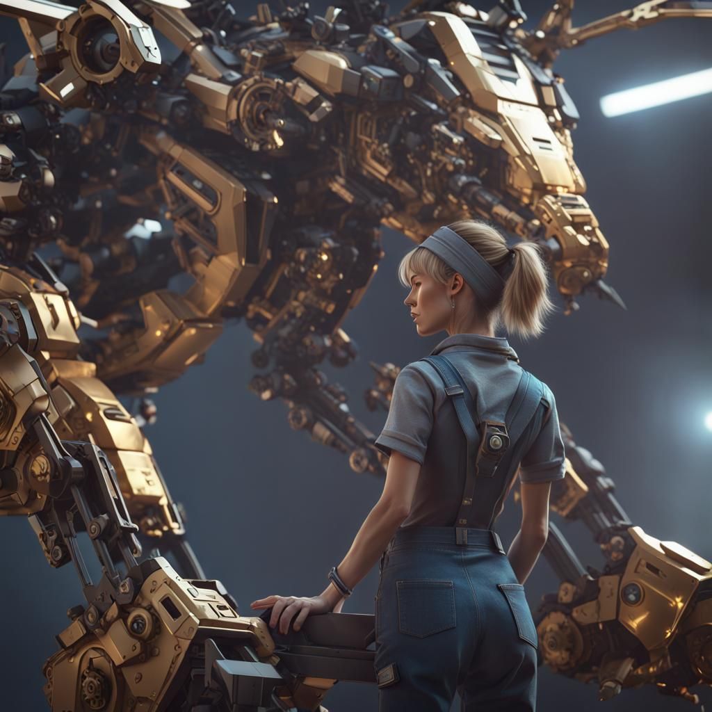 Cute Mechanic Working on Zoid in Hanger