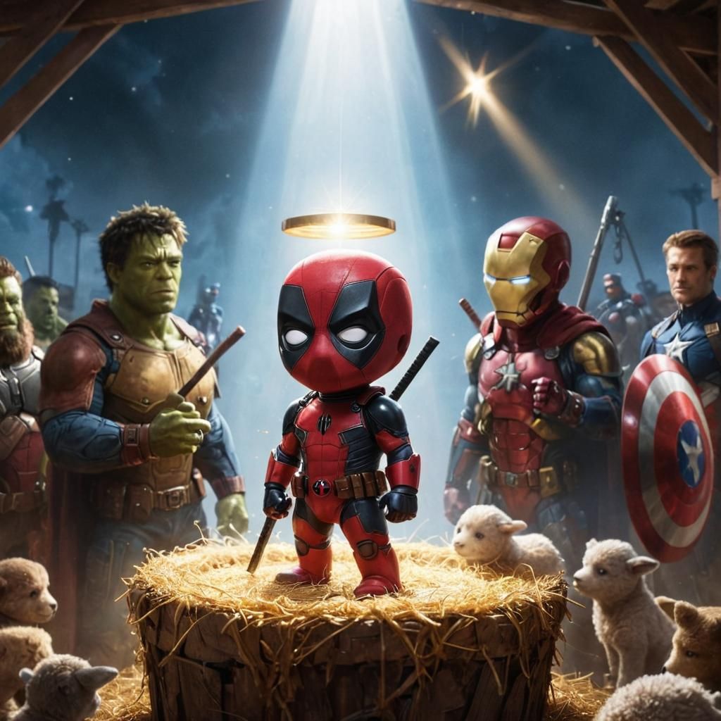 Baby Deadpool in a Heavenly Stable, Surrounded by Marvel Her...