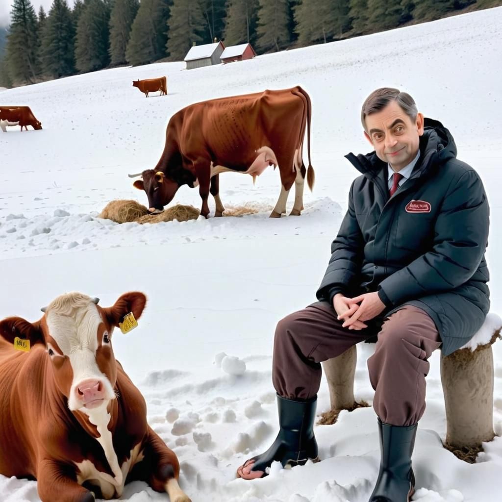 Mr. Bean and Cow in Snowy Scene
