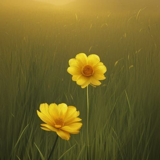 Vibrant Yellow Flower in Grassy Field, Digital Art