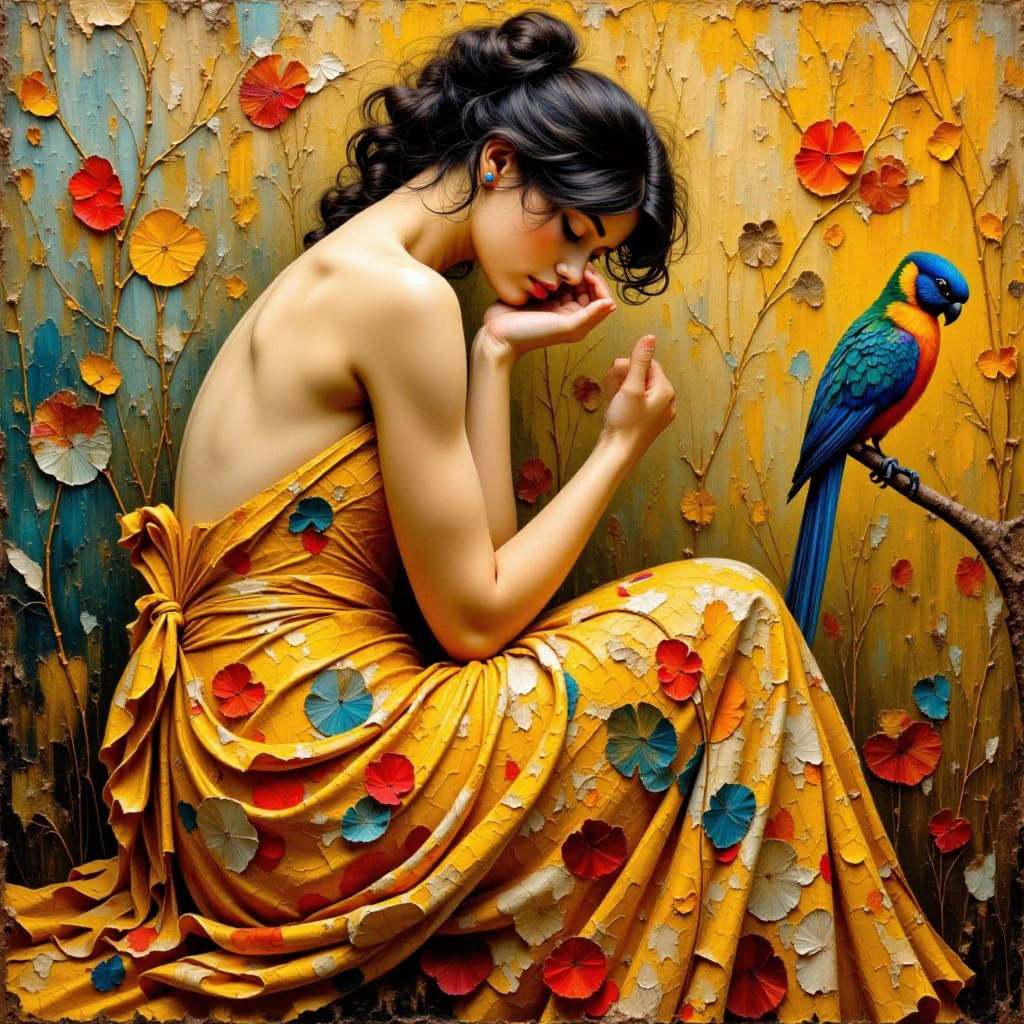 Woman with Bird in Abstract Painterly Style