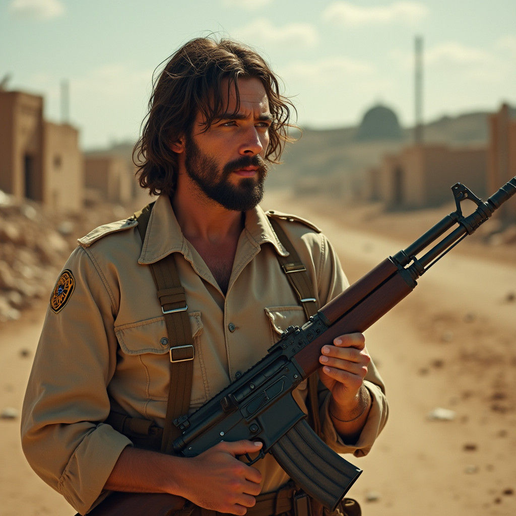 Jesus as Soldier on Battlefield in Cinematic Style
