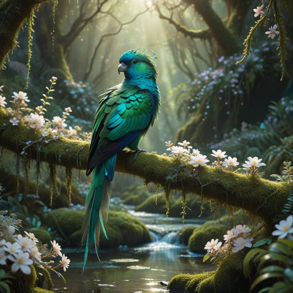 Iridescent Quetzal in Mythical Dreamscape