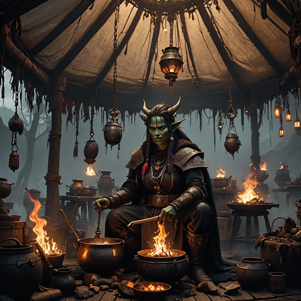 Female Orc Shaman in Tent, Digital Matte Painting
