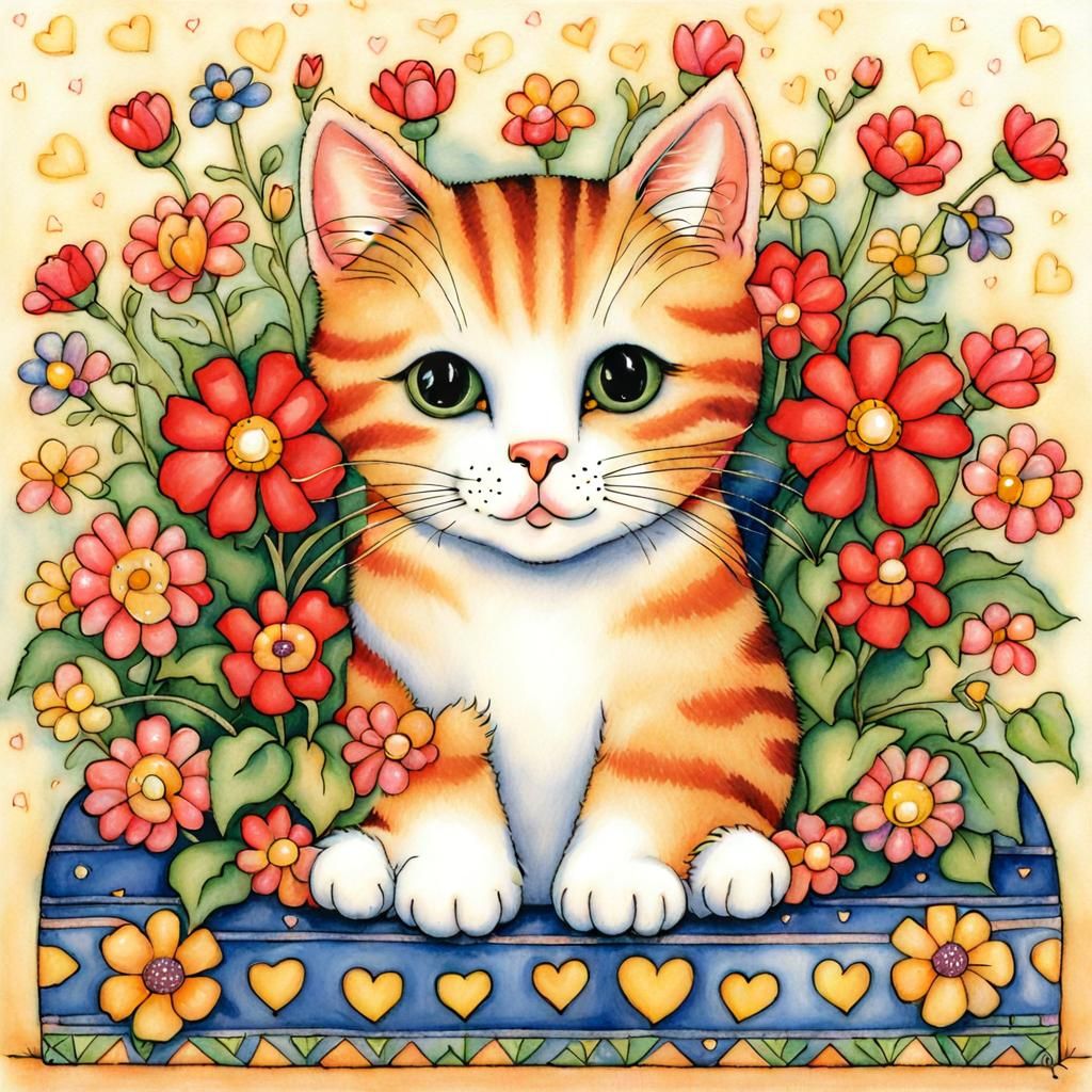 Cute Cat with Flowers Illustration