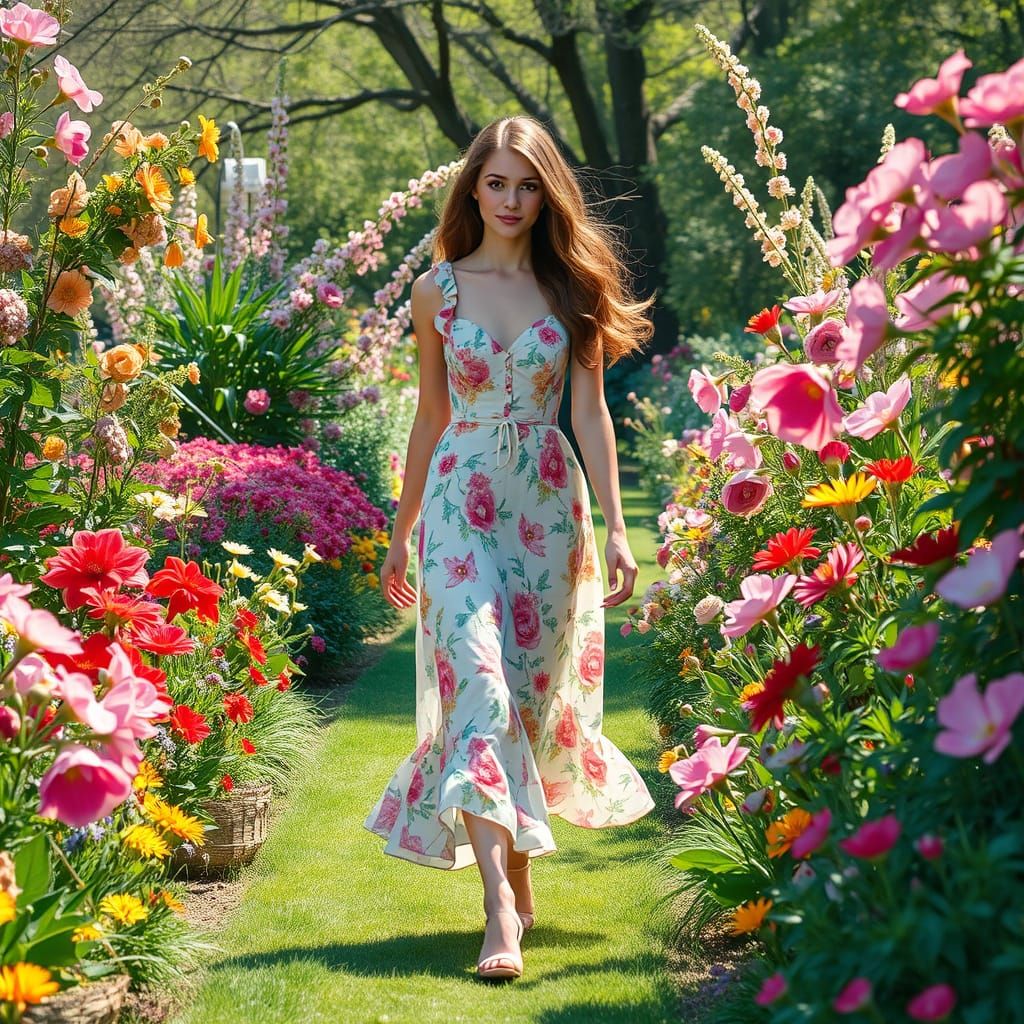 Ethereal Garden Maiden in Whimsical Art Nouveau Style