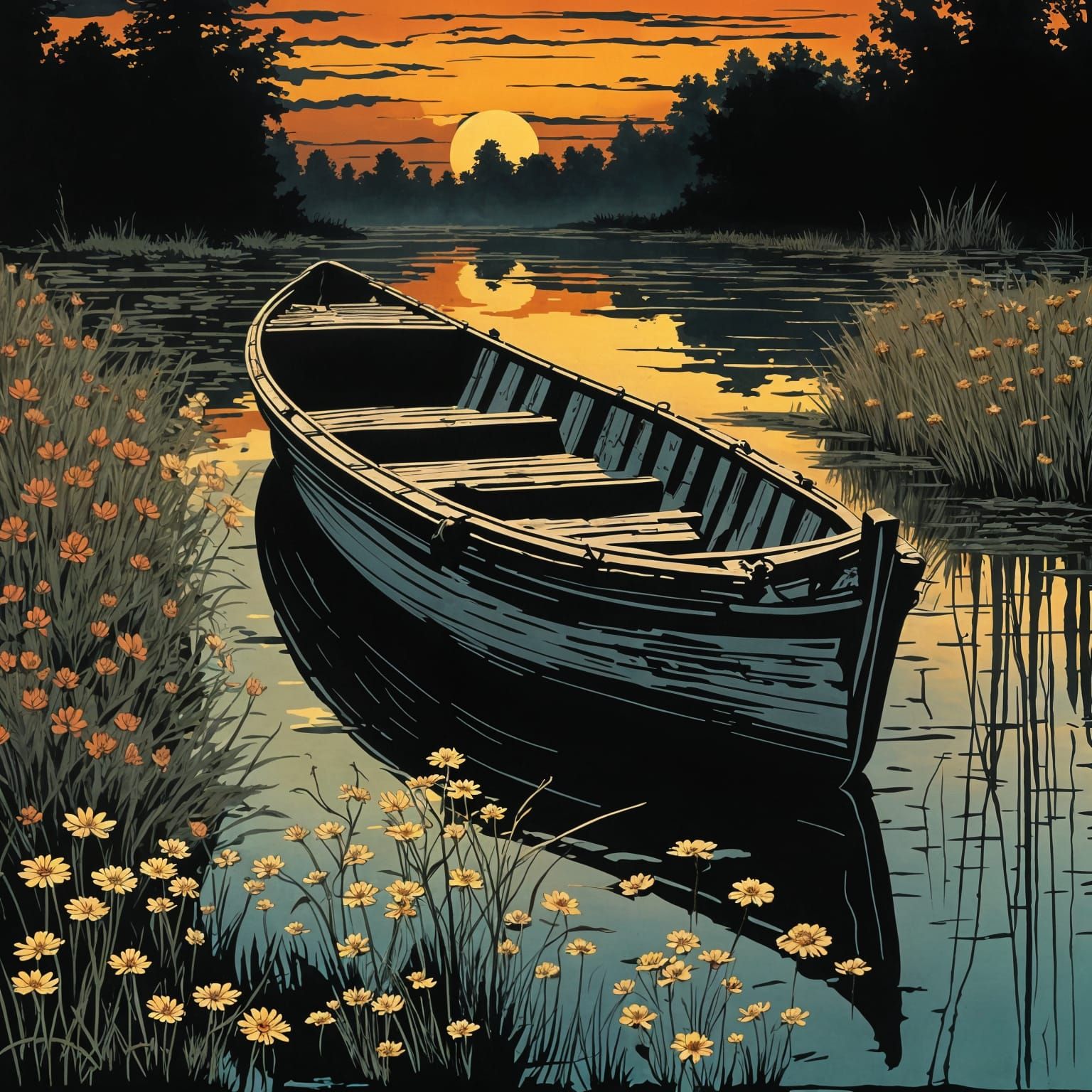 Ethereal Sunset on a Murky Riverbank