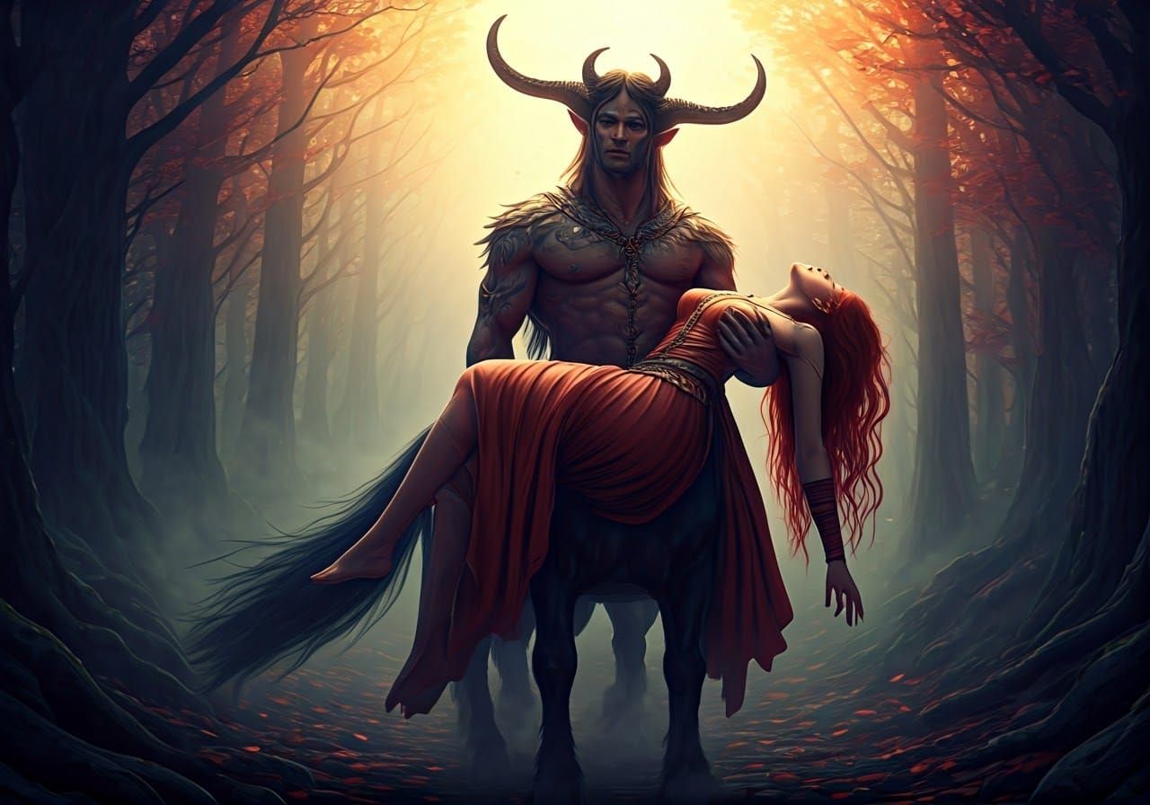 Centaur Warrior Rescuing Damsel in Mystic Forest