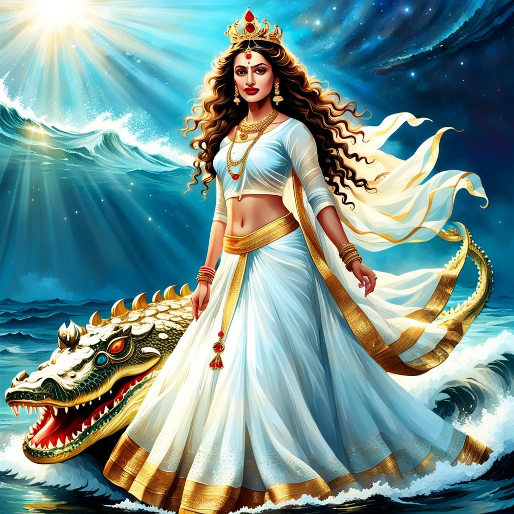 Divine Woman on Crocodile in Astral Cosmic Style