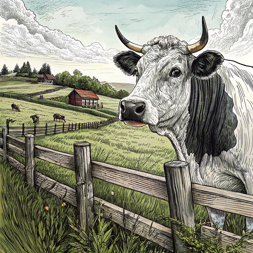 Majestic Cow Charcoal Doodle on Rustic Farm