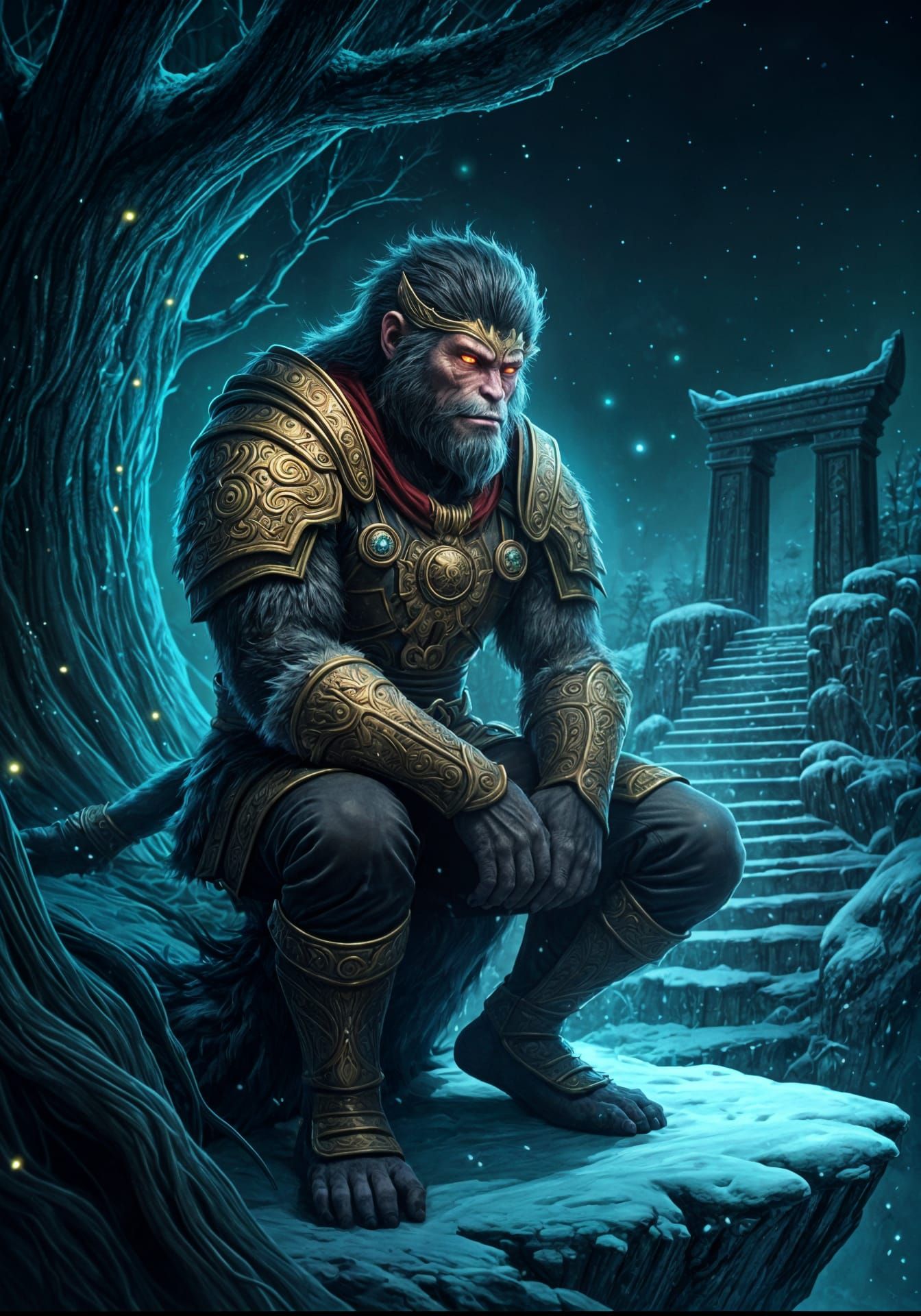 Wukong Character in Bioluminescent Forest, Anime Style