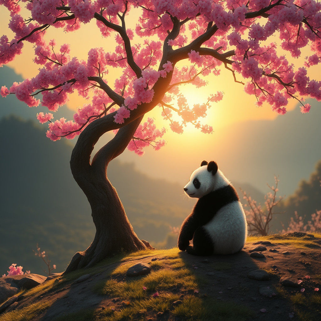 Panda Under Cherry Blossom Tree in Japan