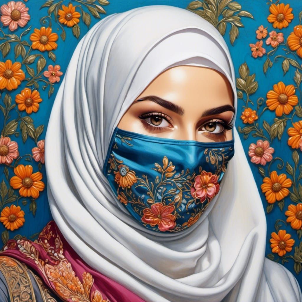 Beautiful Hijabi Student Portrait with Mask in Oil-Guache