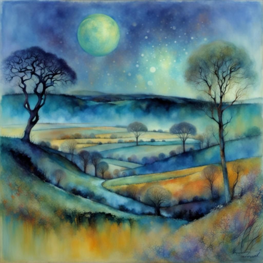 Ethereal Landscape with Dreamlike Figures in Watercolor