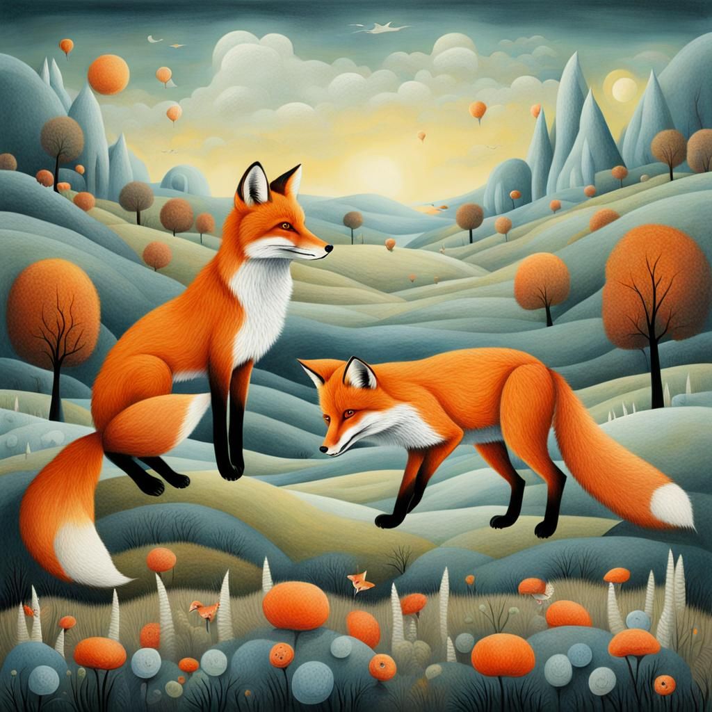 Foxes Frolic in a Surreal Dreamscape