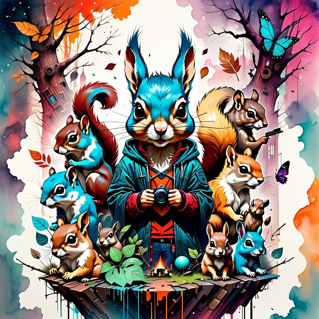 Surreal Collage of Squirrels, Cars, and Weapons