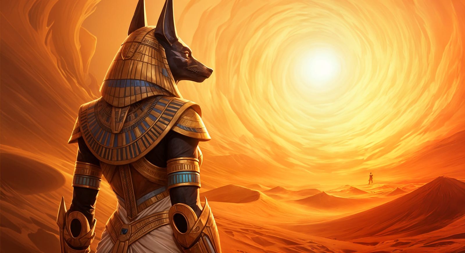 Egyptian Goddess Warrior in Ancient Desert Landscape