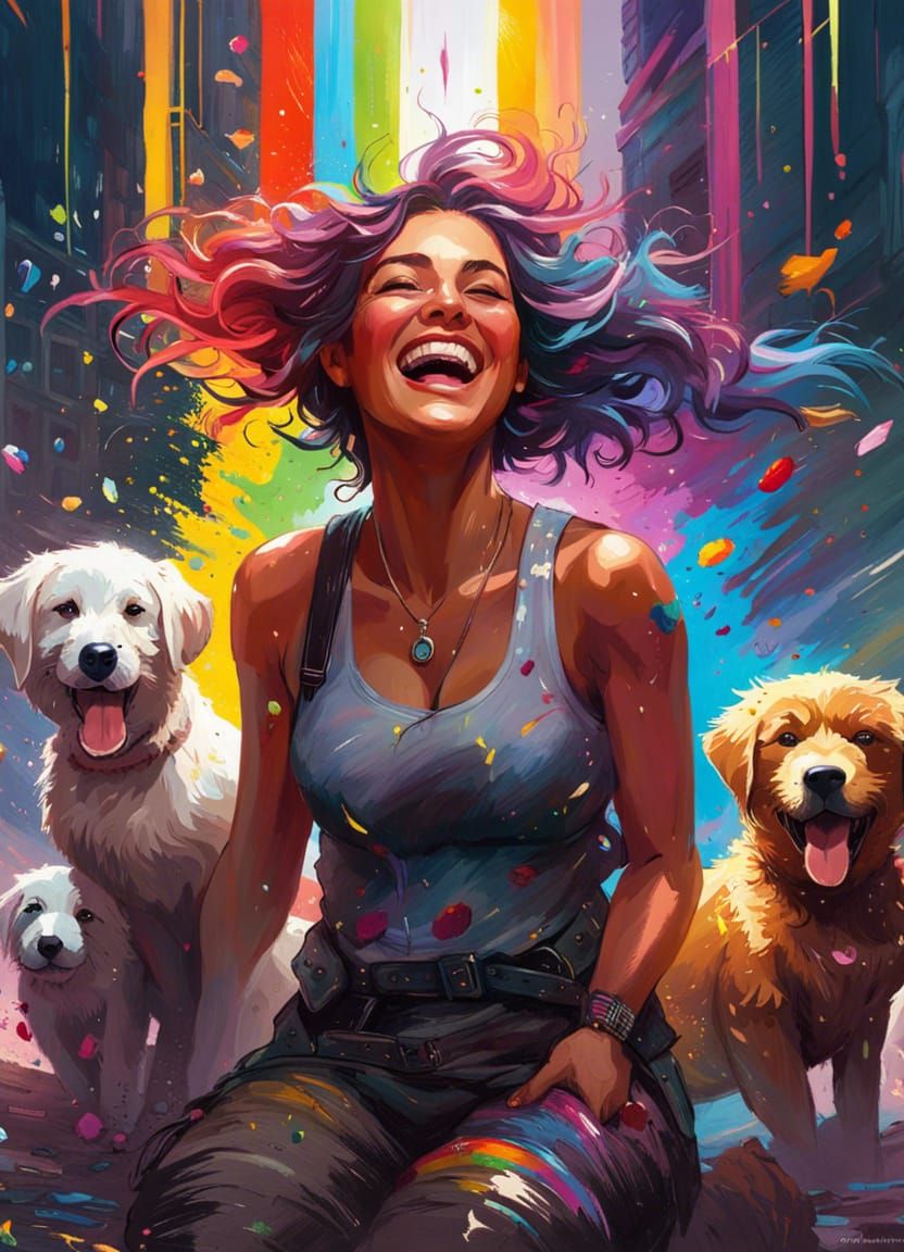 Joyful Woman with Puppies in Impasto Anime Style