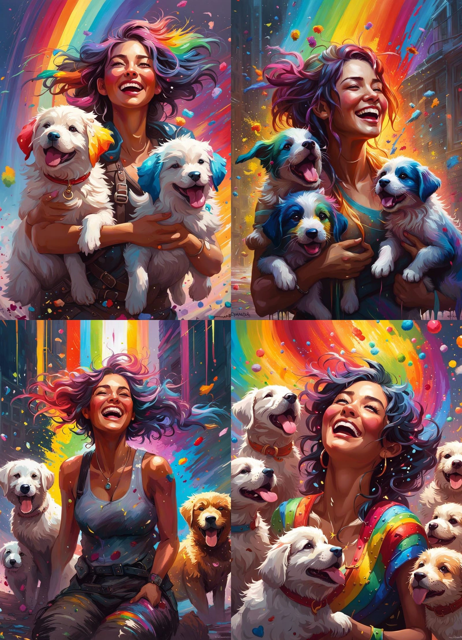 Joyful Woman with Puppies: Impasto Anime Painting