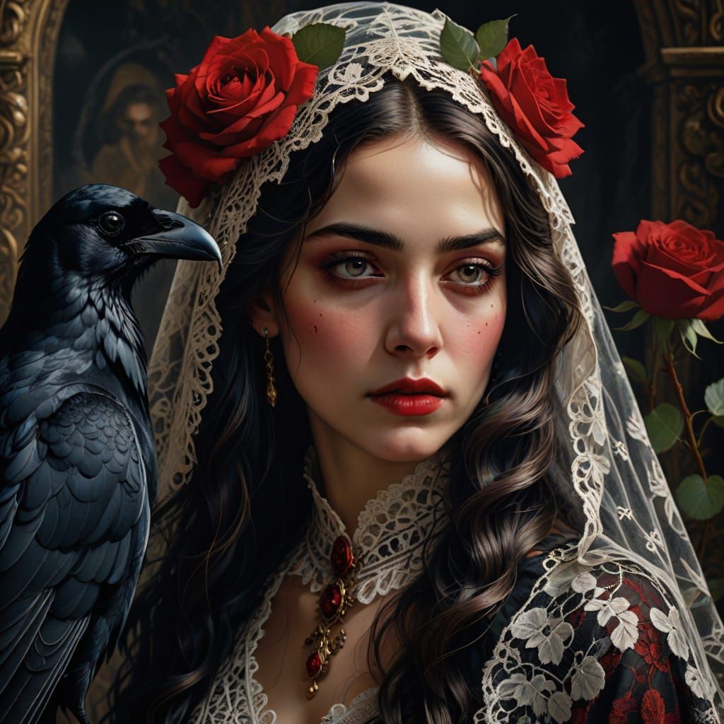 Baroque Beauty with Raven Hair, Veil, and Rose