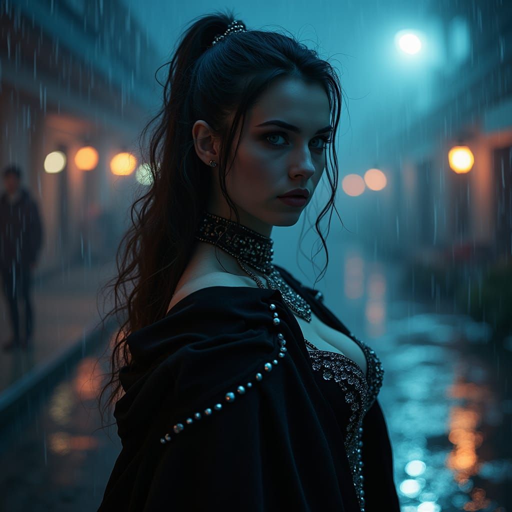 Elegant Vampire Maiden in Baroque Style with Distopian Citys...