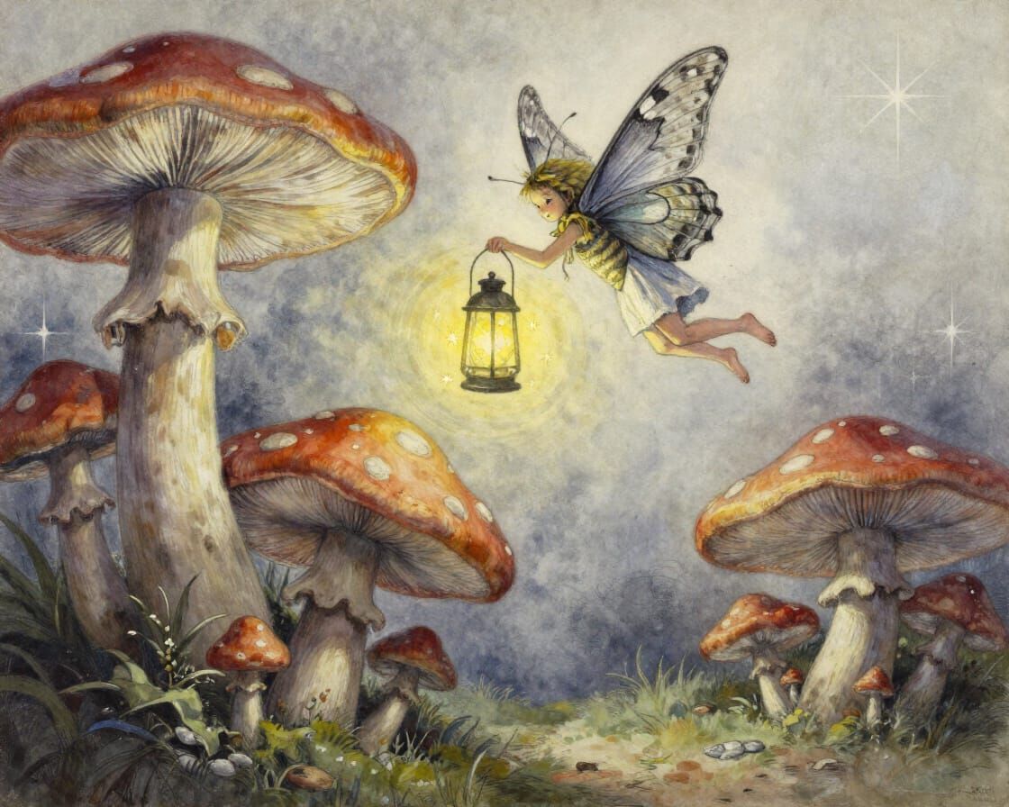 Dream-Moth Child with Starlight Lantern Above Mushrooms