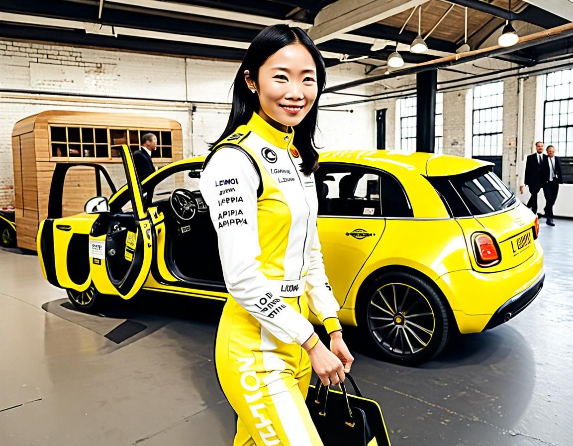 Woman in Lemon Racing Suit Leaving London Loft