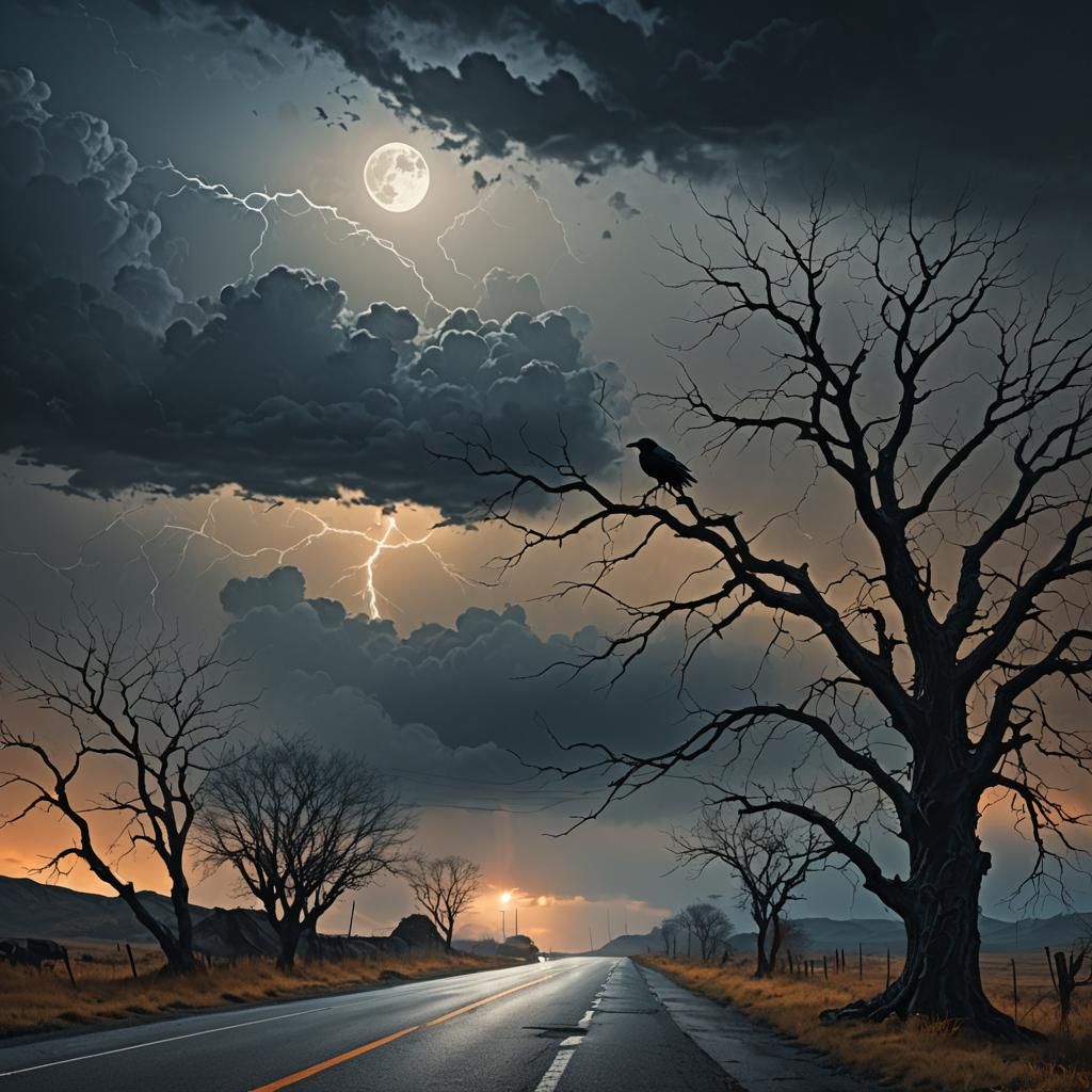 Raven Watching Car in Dark Fantasy Landscape