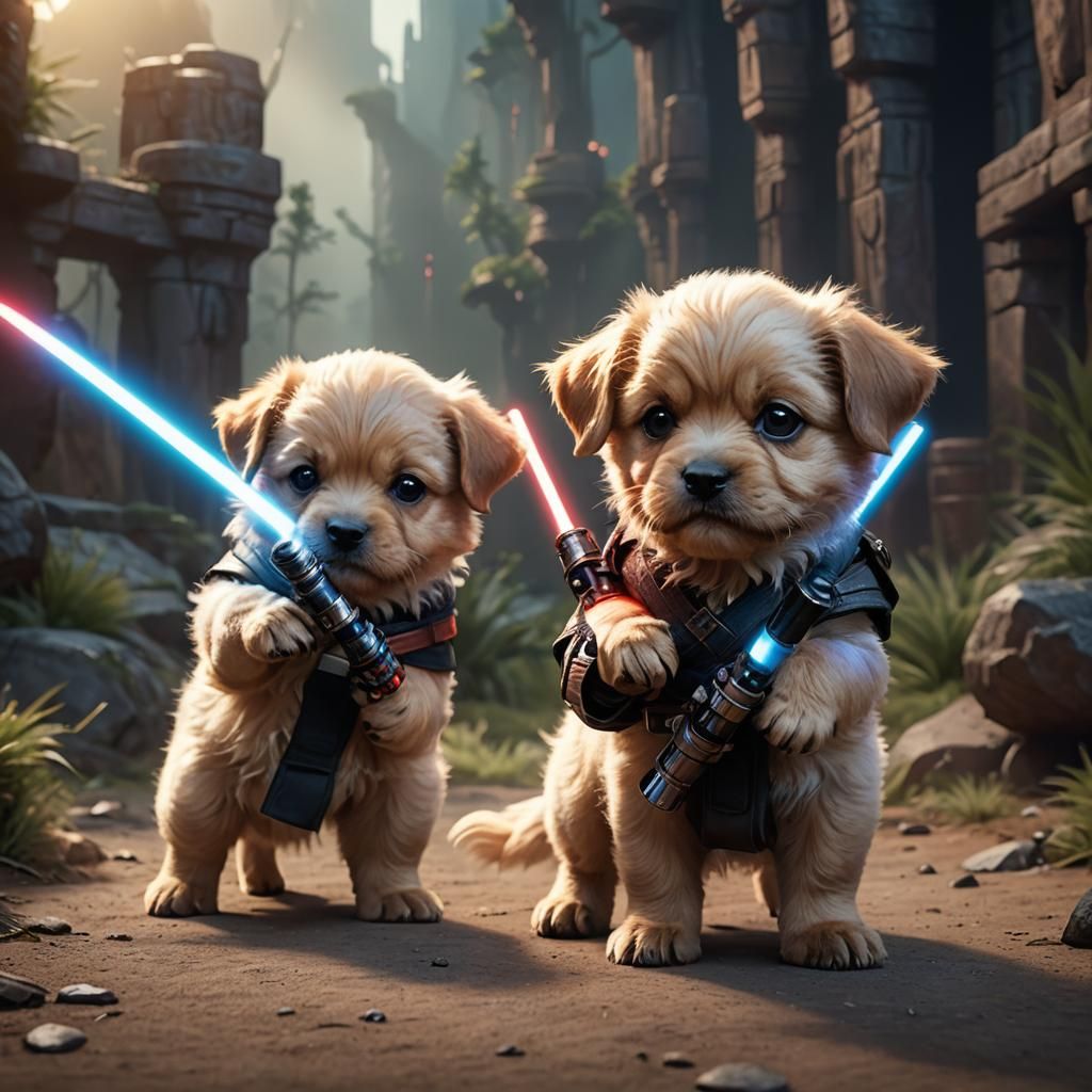 Lightsaber Puppies in Detailed Fantasy Concept Art