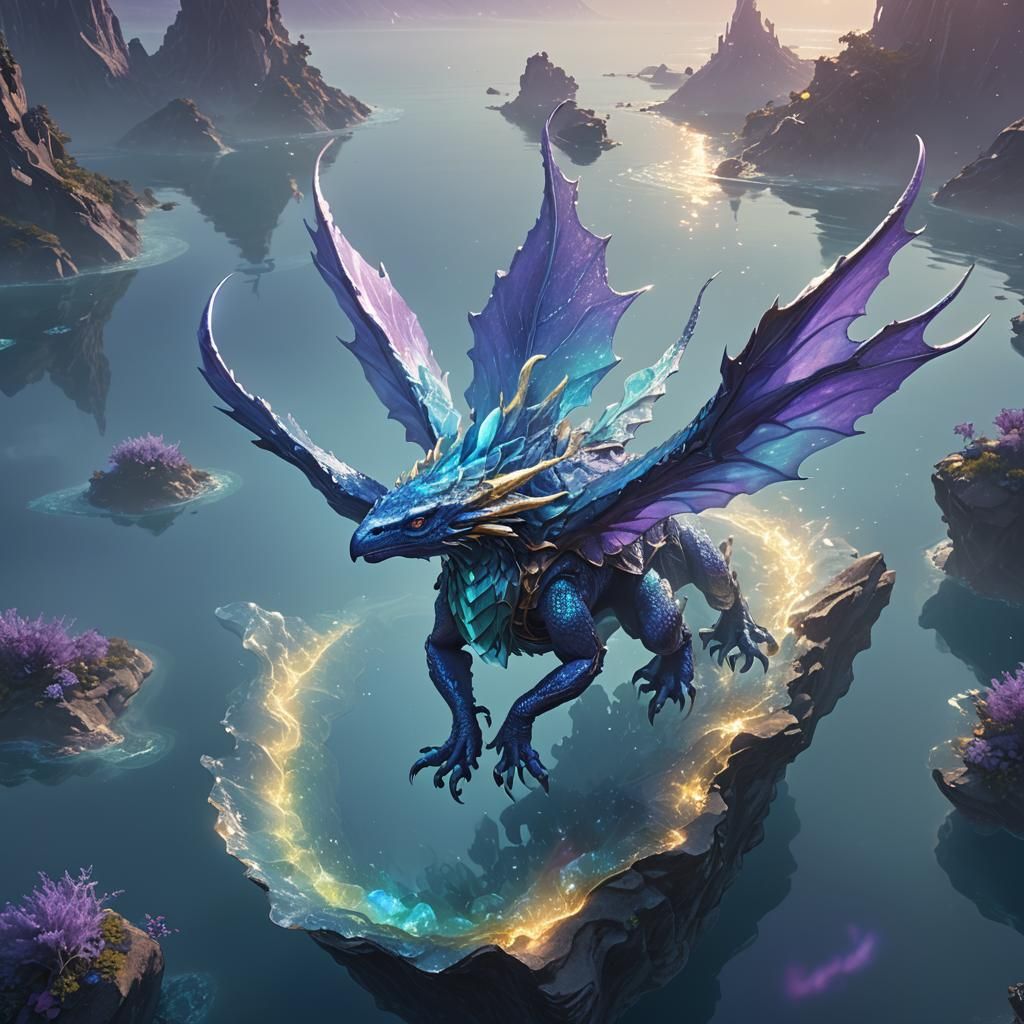 Iridescent Scaled Creature Soaring Above Misty Waters