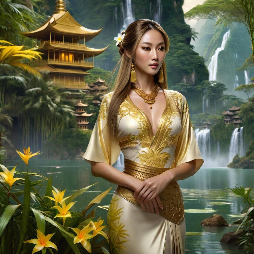 Young Beautiful Asian in the rainforest by an old Pagoda