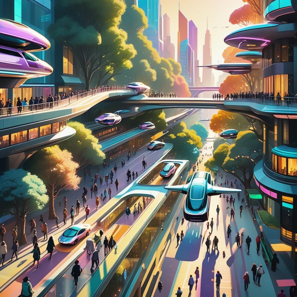 Utopian Futuristic Cityscape in Stipple Art Style