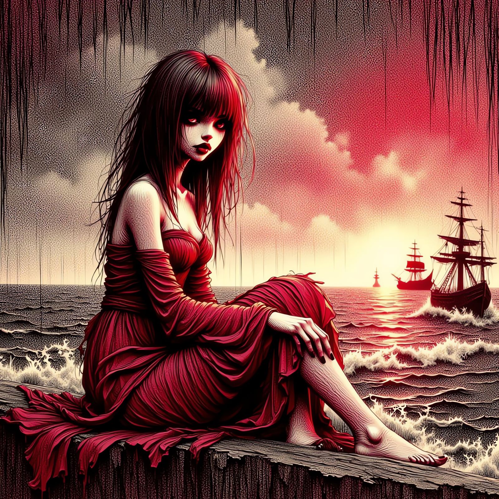 Gothic Anime Woman in Stormy Sea, Shipwreck Scene