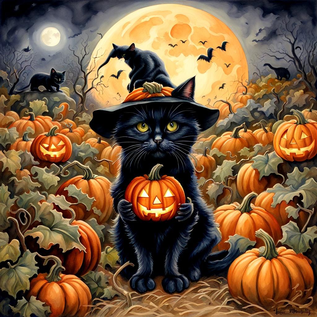 Halloween Scarecrow and Black Cat Watercolor