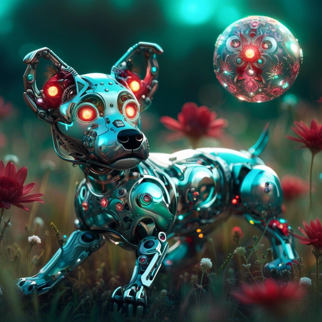 Cyberpunk Robotic Dog Plays with Ball