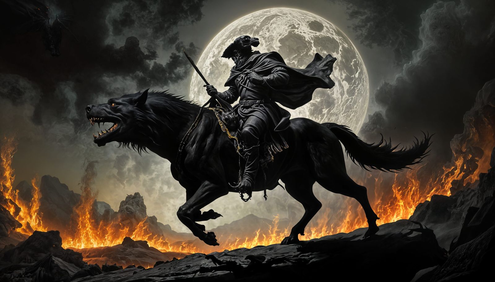 Surreal Fantasy Rider Rides a Hellhound Through the Underwor...