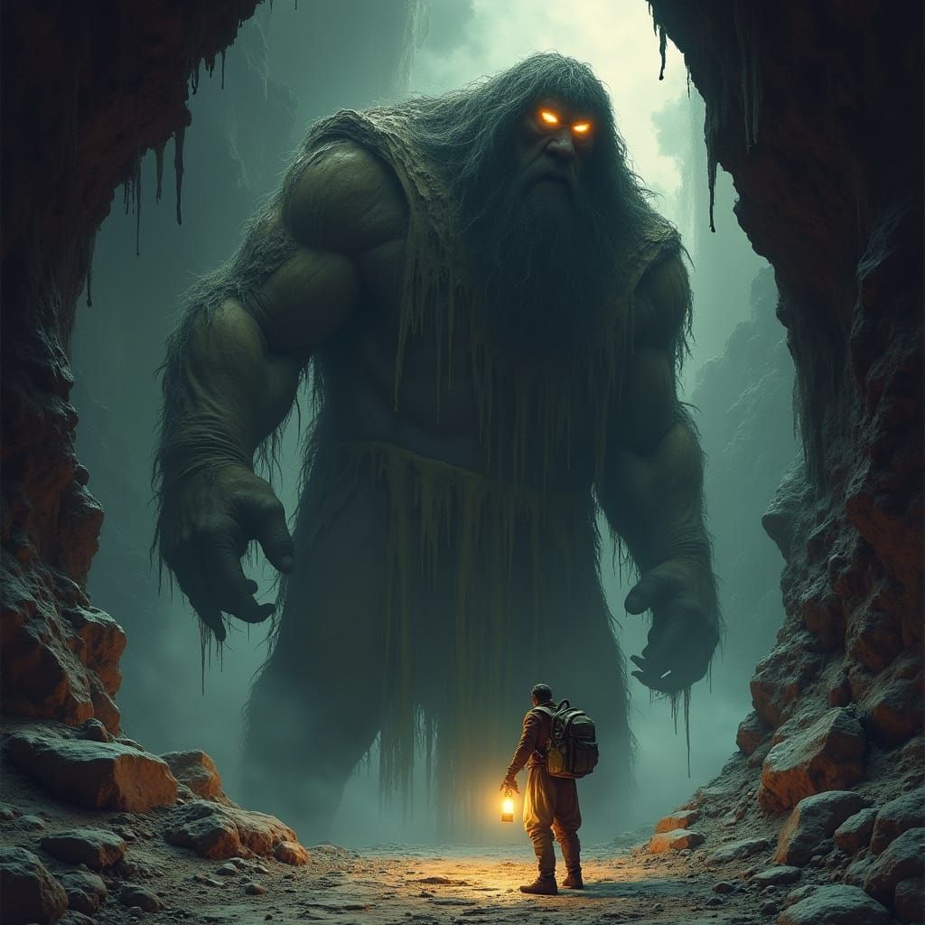 Giant Looms Over Tiny Adventurer in a Haunting Cave