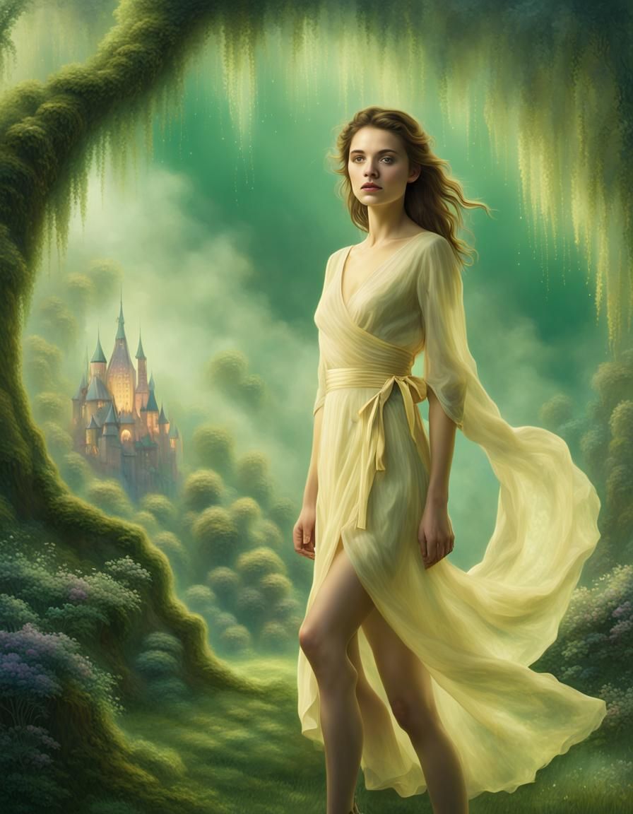 Young Woman in Yellow Dress Before Green Screen