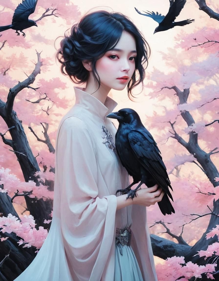 Photorealistic Lady of Ravens in Sunset Light