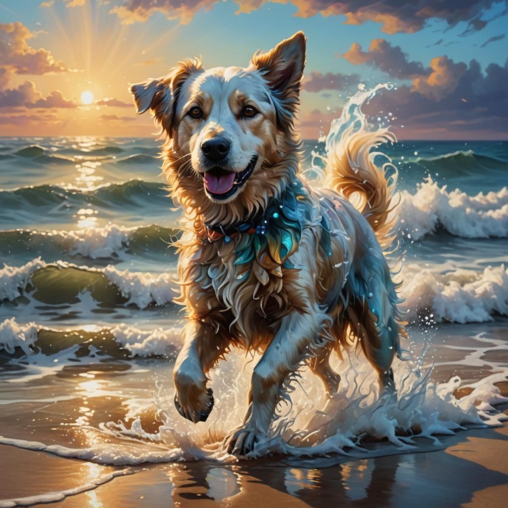 Magic Dog Plays in Ocean: Vibrant Oil Painting