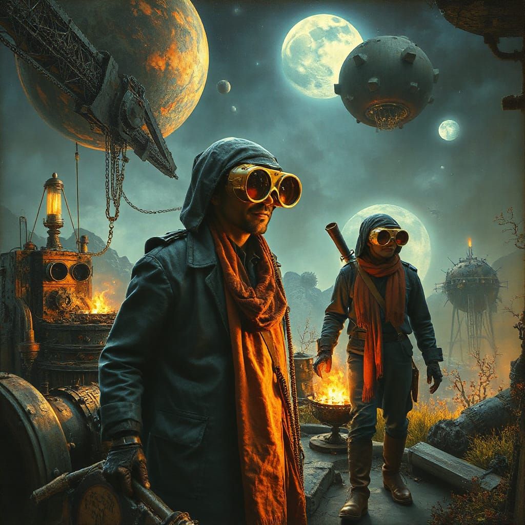 Settlers on Alien Planet in Surreal Steampunk Style