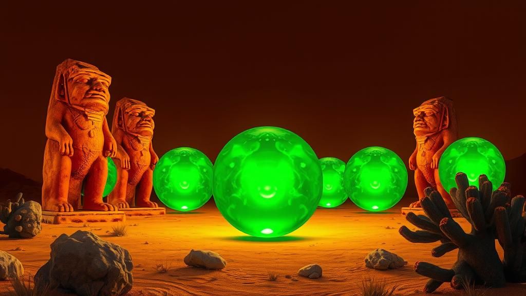 Olmec Sculptures in Desert with Emerald Orbs