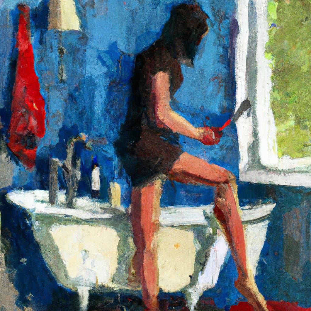 A slim brunette woman shaving her legs while standing in the tub.  you see her whole body. window behind her, letting in...