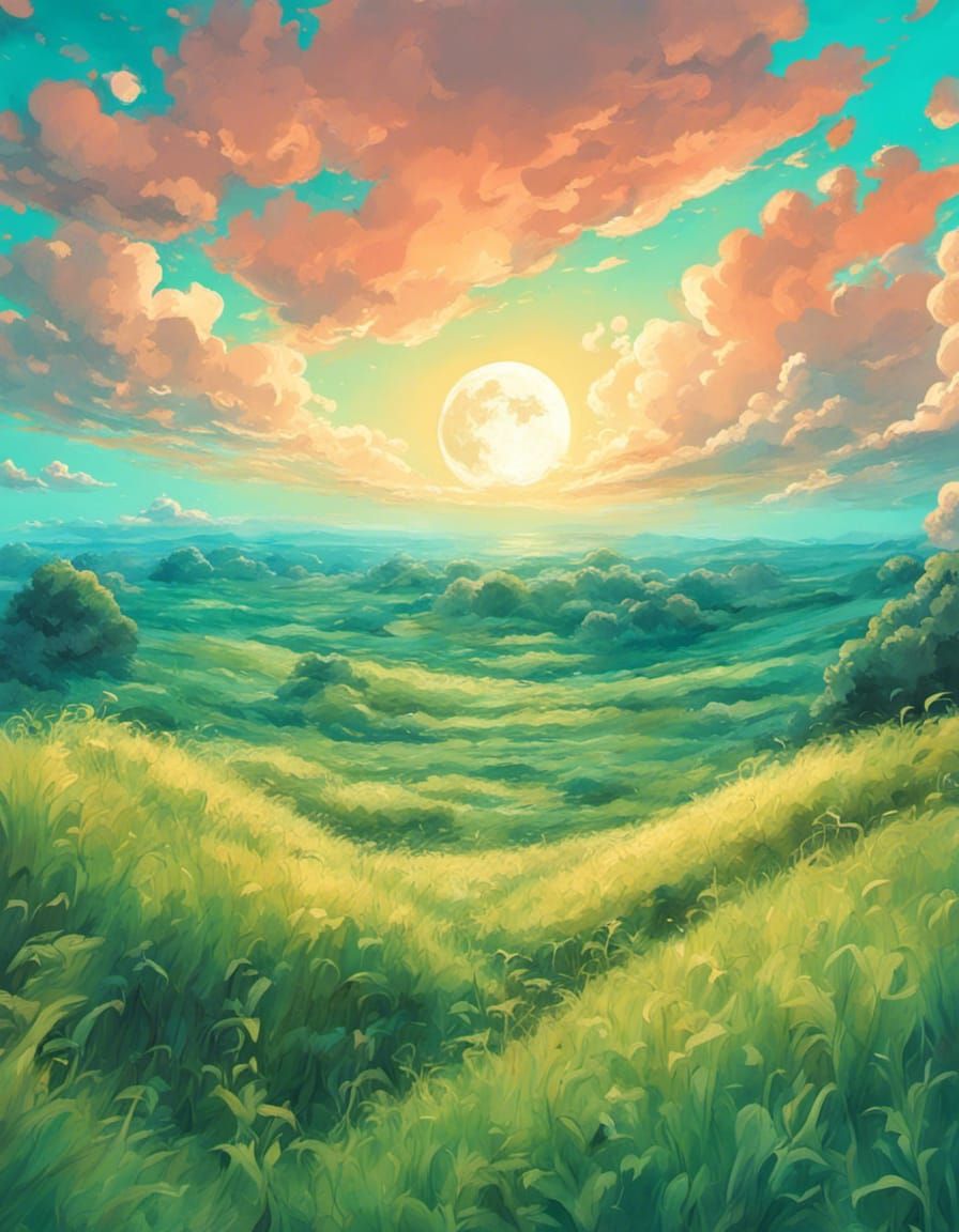 Teal Night Sky Grassy Field, Ghibli Style