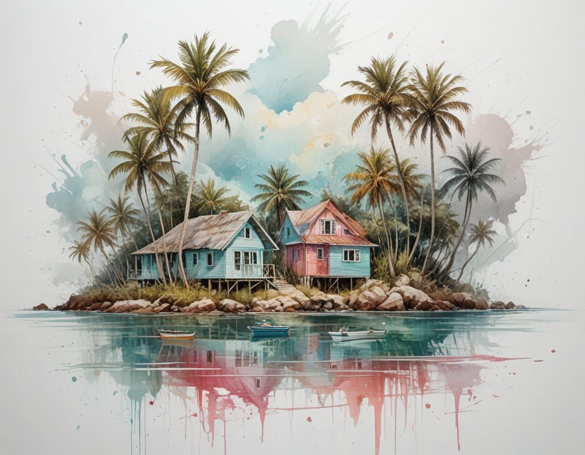 Rainbow Over Caribbean Bay After Storm, Stylized Watercolour