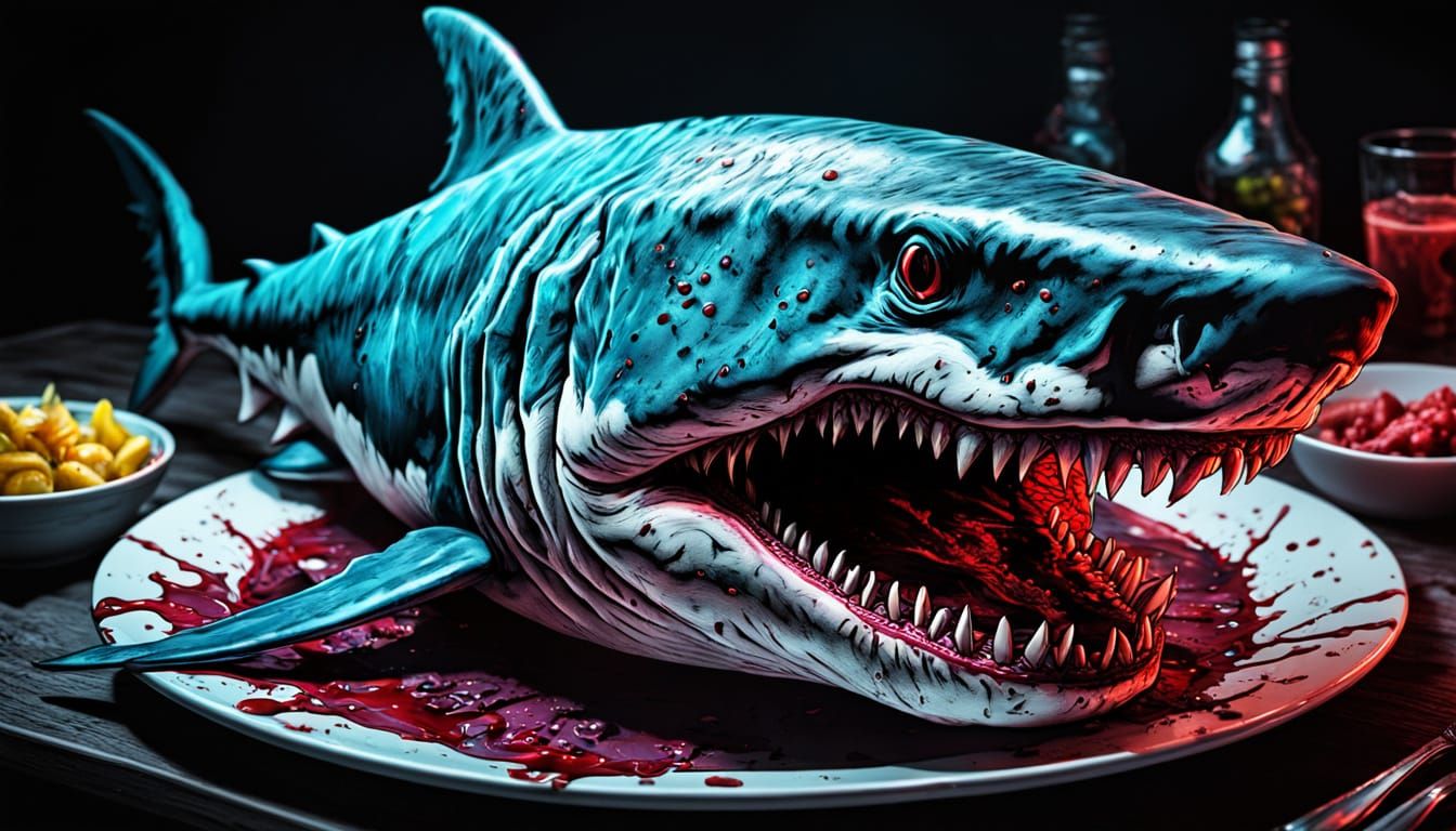 Eerie Megalodon Shark Food Plate in Zombiecore Style